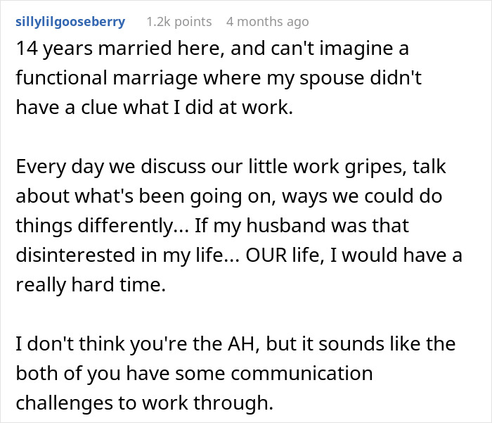 A Reddit comment about a wife refusing to discuss her job with her suddenly interested husband, highlighting communication challenges.