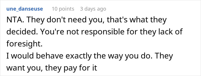 A reddit comment by 'une_danseuse' saying NTA. This relates to a company calling a developer a budget burden and panicking when their system broke without him.