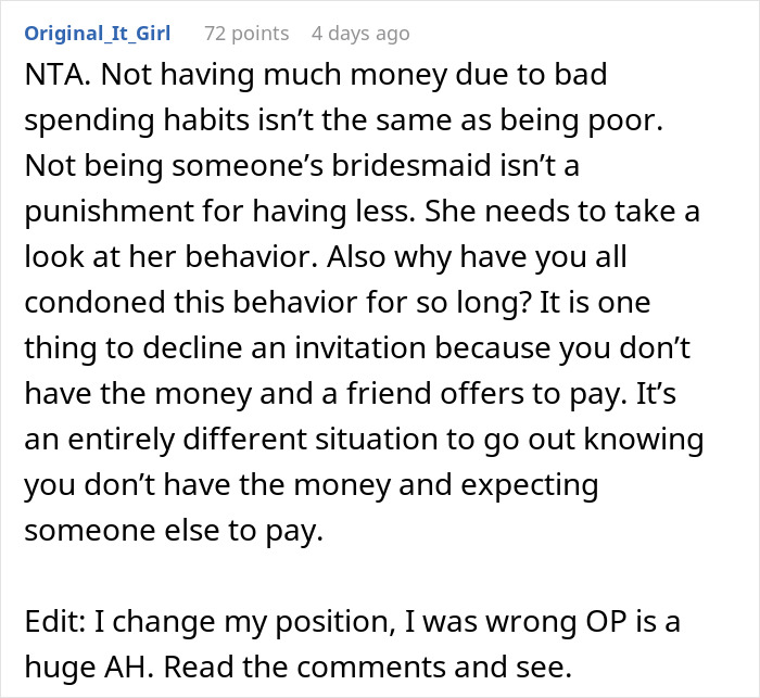Comment discussing financial behavior and bridesmaid responsibilities Comment discussing financial behavior and bridesmaid responsibilities
