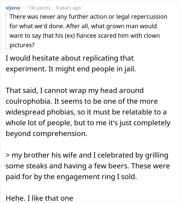 Screenshot of a Reddit post discussing a fianc&eacute;e replacing everything with clowns after a cheating partner.