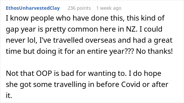 A Reddit comment about a woman's dream trip, discussing gap years and travel experiences in NZ.