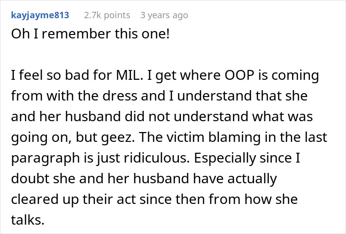Reddit comment discussing feelings about MIL and $60K wedding dress incident