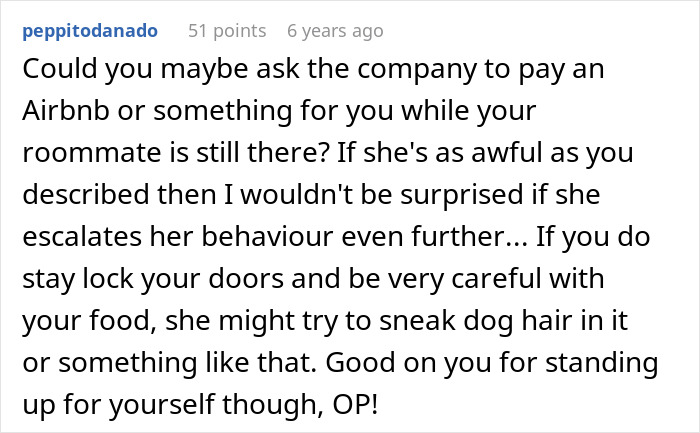 A Reddit comment advises someone to defend herself against a problematic roommate, suggesting Airbnb and precautions.