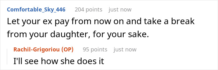 A Reddit screenshot shows a comment advising the family driver to let the ex pay and take a break from their daughter.