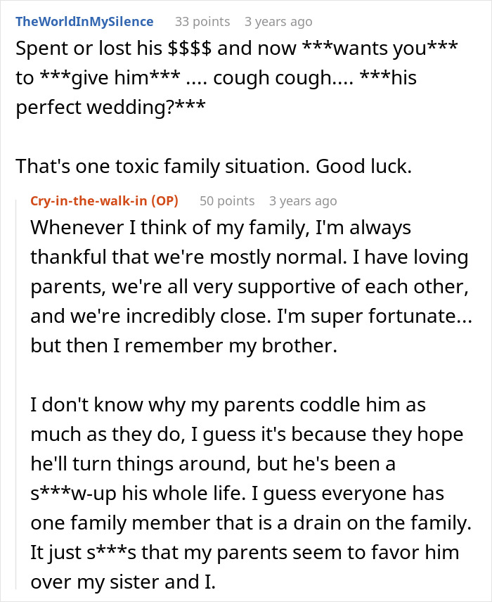 A Reddit post discussing family drama, a brother's wedding, and money issues, revealing a toxic situation.