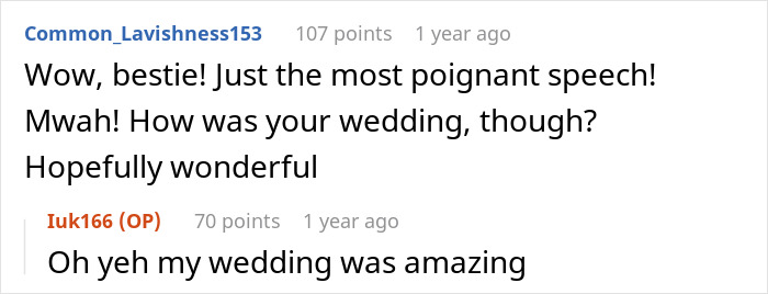 Wedding guest reacts positively to poignant wedding speech Wedding guest reacts positively to poignant wedding speech