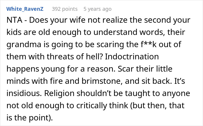 A Reddit comment about a MIL baptizing a child, sparking a dad's meltdown, discussing religious indoctrination.