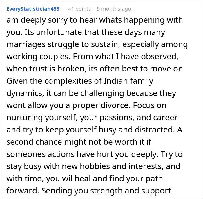 A Reddit comment offering support and advice for an arranged marriage struggling with infidelity and divorce.