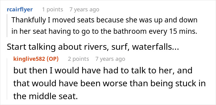 Conversation about moving seats and avoiding talking to a passenger on flight