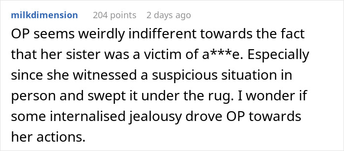 A Reddit comment from user milkdimension with 204 points, discussing indifference toward a sister's affair and triggers breakups.