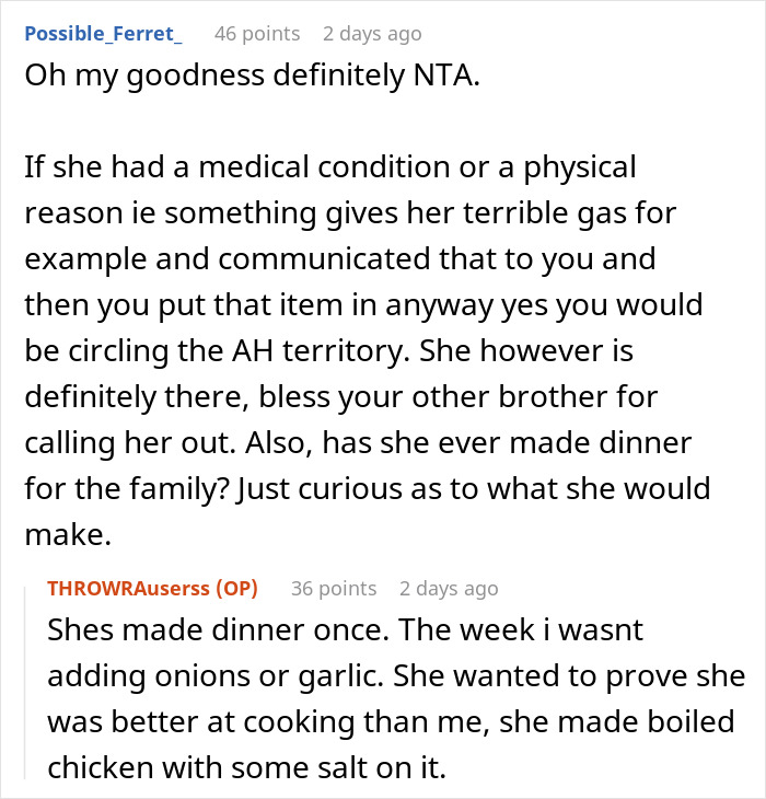 Reddit discussion on SIL freaking out over onions in food