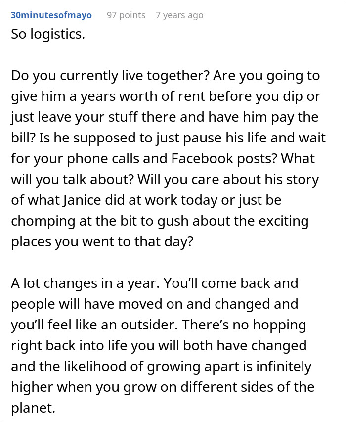 Reddit post discussing logistics for a woman's dream trip, posing questions about leaving a partner after saving.