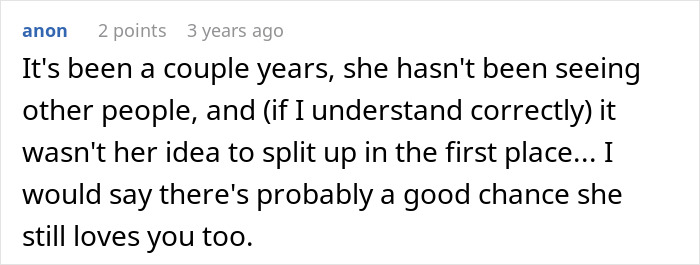 A comment suggesting a wife still loves her husband after he left and regrets it, hoping for reconciliation.