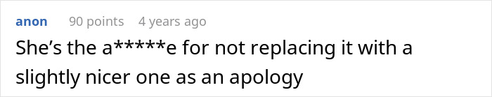 A screenshot of a comment saying, "She's the a*****e for not replacing it with a slightly nicer one as an apology," regarding an irresponsible sister-in-law.