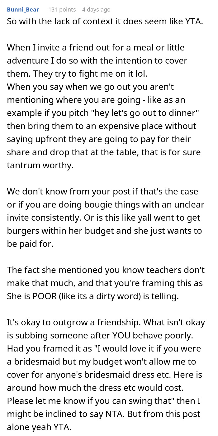 Analysis on friendship dynamics and communication about bridesmaid costs and invitations Analysis on friendship dynamics and communication about bridesmaid costs and invitations