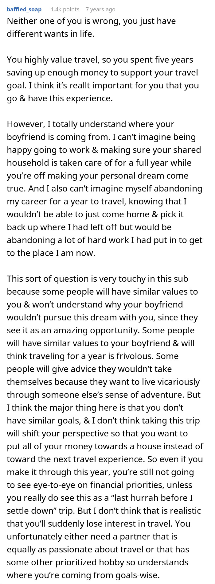 A screenshot of a Reddit comment discussing a woman's dream trip dilemma after 5 years of saving.