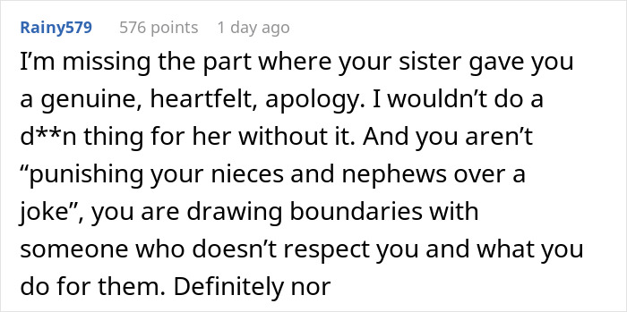 Reddit comment about missing apology and setting boundaries with disrespectful sister Reddit comment about missing apology and setting boundaries with disrespectful sister
