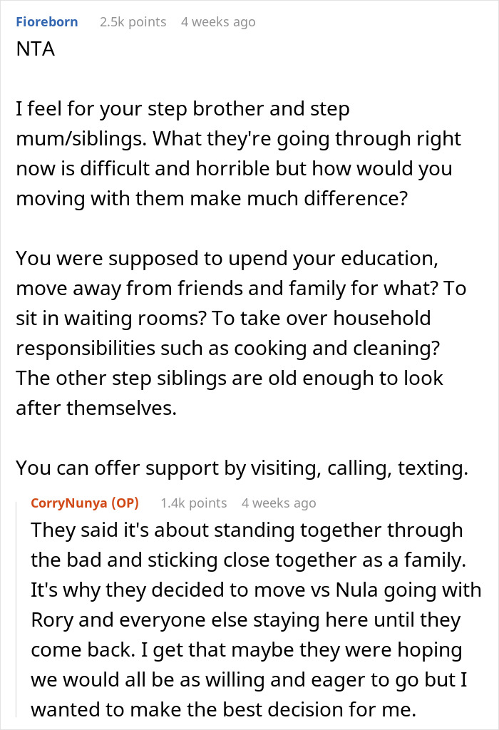 Reddit comments discussing a teen prioritizing education over family relationships