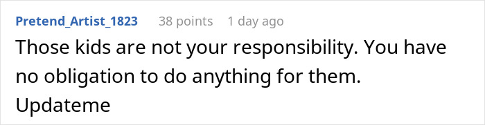 A comment from Pretend_Artist_1823: "Those kids are not your responsibility." related to the wealthy woman spoiling niece story.