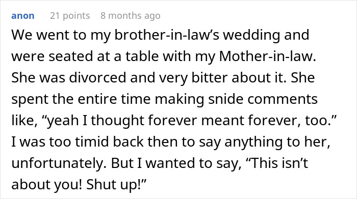 Comment about wedding seating and bitter mother-in-law making snide remarks
