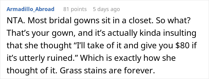 Comment defending not lending dream wedding dress due to risk of damage Comment defending not lending dream wedding dress due to risk of damage