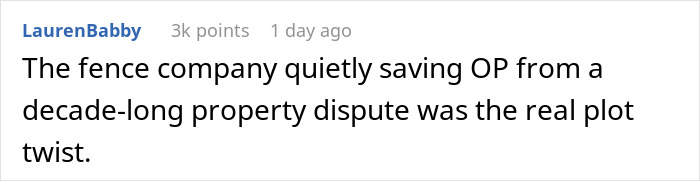 Text commenting on fence company resolving property dispute