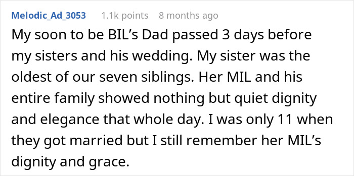 User sharing personal memory about mother-in-law's dignity during wedding