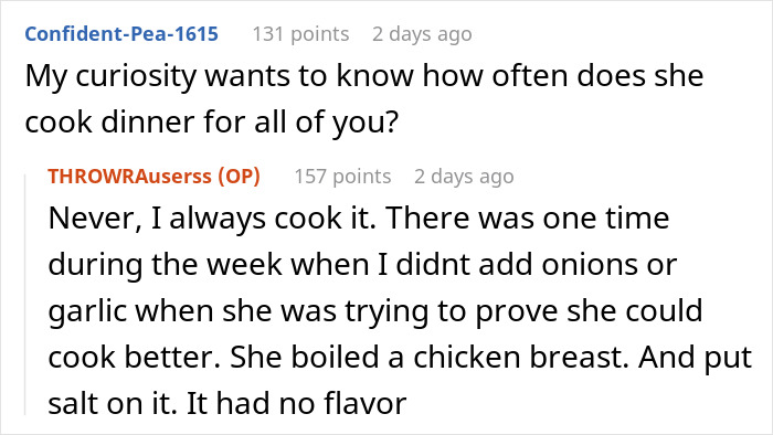 Reddit comment asking about SIL cooking dinner frequency in onion dispute