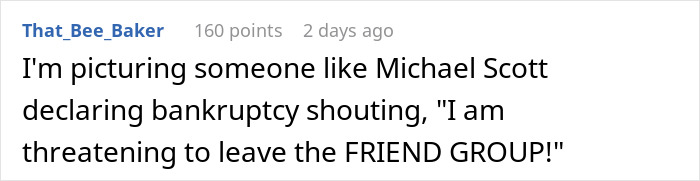 Comment compares cosplayer drama to Michael Scott declaring bankruptcy at friend group Comment compares cosplayer drama to Michael Scott declaring bankruptcy at friend group