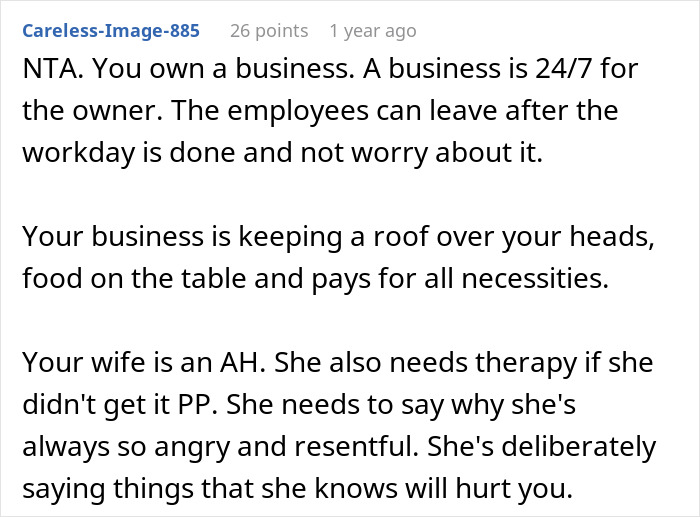 A Reddit comment calls a wife an AH for making her husband feel like a loser and a failure about his business.