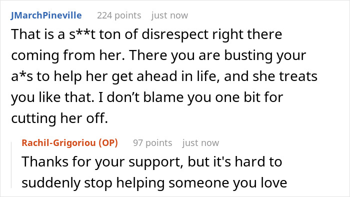 A Reddit comment supporting a dad for taking away funds from his daughter who was ashamed of him, saying he was right to cut her off.