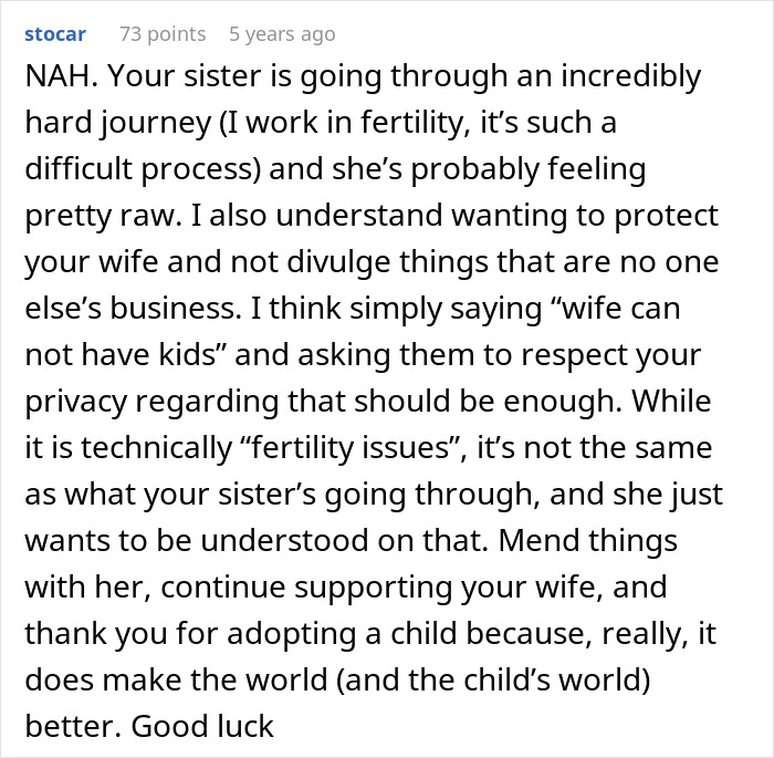 Explanation of sister's fertility struggles and advice on supporting wife and adoption Explanation of sister's fertility struggles and advice on supporting wife and adoption
