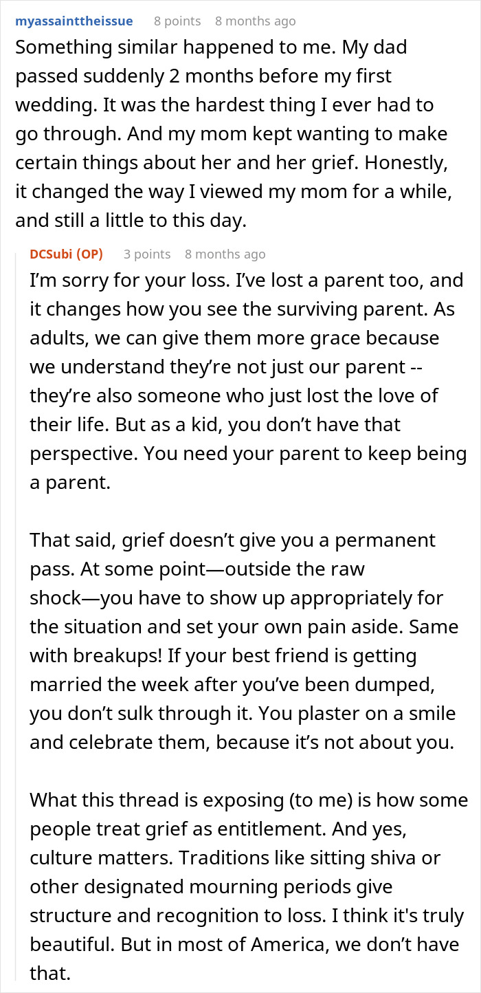 Reddit post about grief and family perspectives during weddings