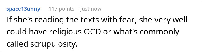 A Reddit comment discussing a wife's religious OCD, relevant to a wife becomes Muslim overnight narrative.