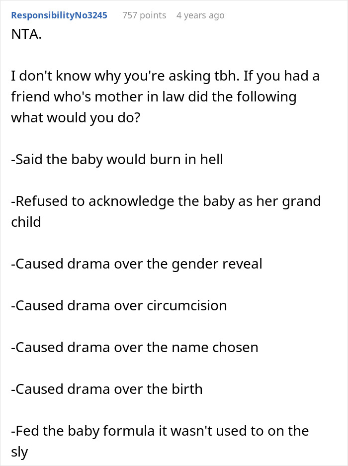A Reddit post describing a mother-in-law disowning her grandchild over circumcision and other issues.
