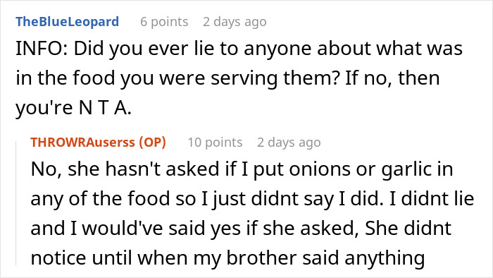 Debate about honesty regarding onions and garlic in cooking