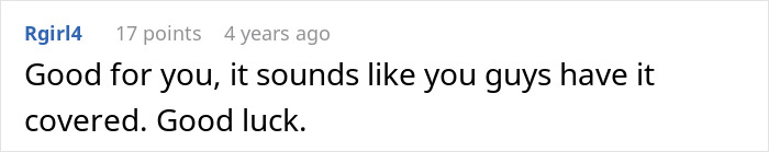 A screenshot of a Reddit comment, Rgirl4, stating "Good for you, it sounds like you guys have it covered. Good luck." This relates to the unhinged MIL disowning grandchild issue.