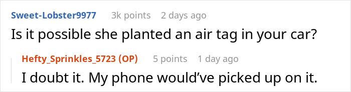 Online discussion about possibility of mistress planting an air tag in car amid cheating husband situation
