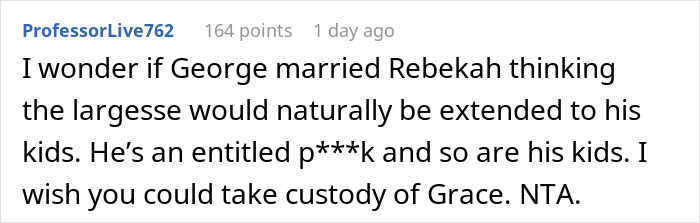A Reddit comment about a Wealthy Woman spoiling her niece, implying jealousy from stepsiblings.