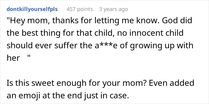 Comment sarcastically thanking mom for news about sister's infertility Comment sarcastically thanking mom for news about sister's infertility