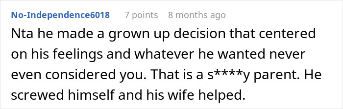 A reddit comment criticizing a parent's selfishness and their impact on a blended family's happiness.