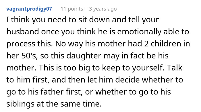 A Reddit comment advises a woman to reveal her MIL's darkest secret to her husband, about his birth mother.