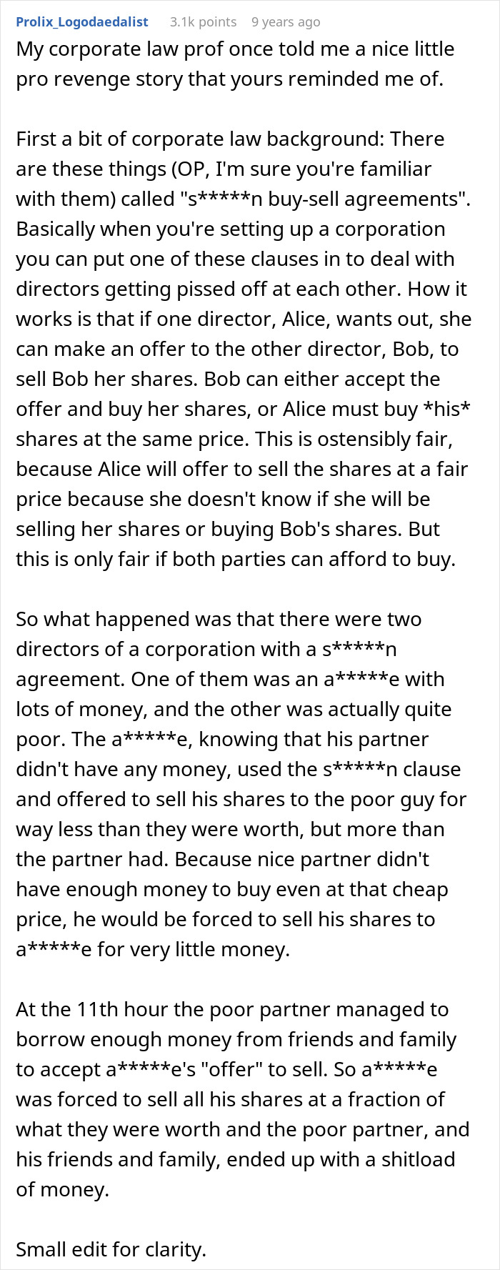 Detailed comment on corporate law buy-sell agreements and boss losing millions Detailed comment on corporate law buy-sell agreements and boss losing millions
