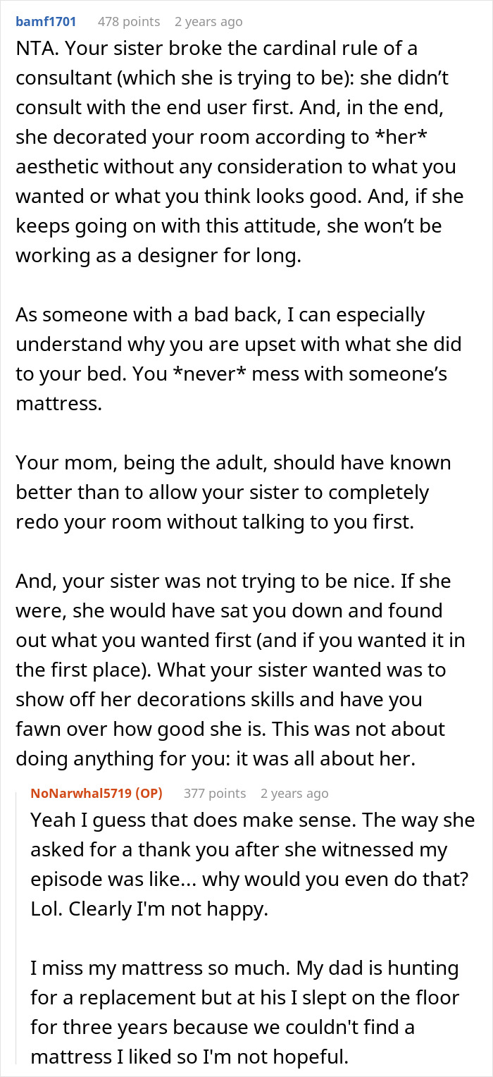 Text from a Reddit thread where a user discusses sister redecorating sibling's room, leading to unhappiness and conflict.