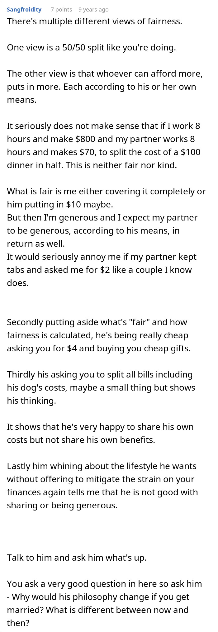 Comment explaining fairness and financial split views in relationship dealing with 50 50 split Comment explaining fairness and financial split views in relationship dealing with 50 50 split