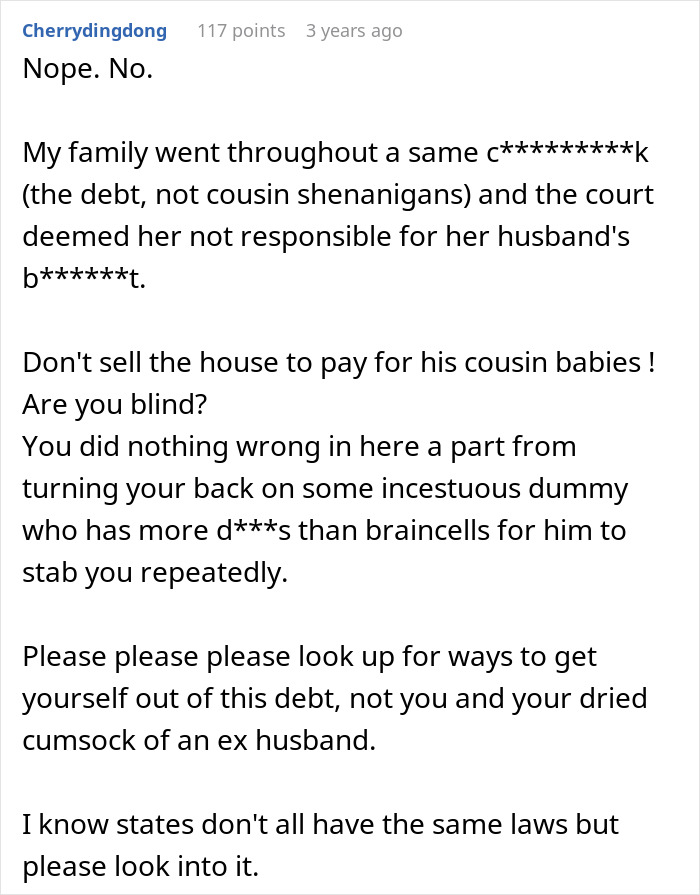 A Reddit comment advising a wife on her financial nightmare and second family situation.