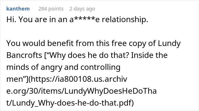 Comment labeling relationship as a*****e and recommending reading on angry controlling men and traditional values