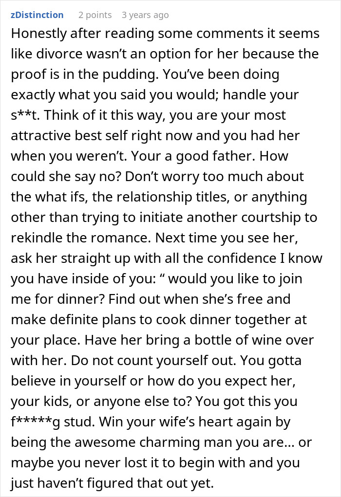 A Reddit comment advises a man to win his wife back after leaving his wife and kids.