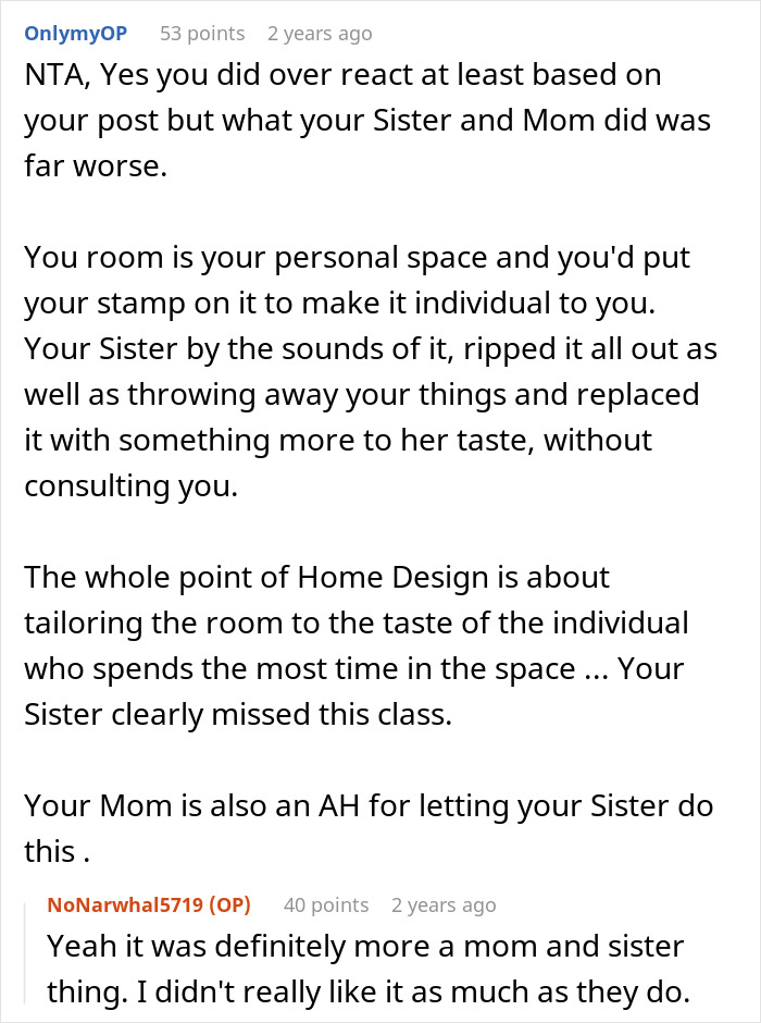 A Reddit post discussing sister redecorates sibling's room, resulting in an argument. The original poster clarifies they didn't like the new decor.
