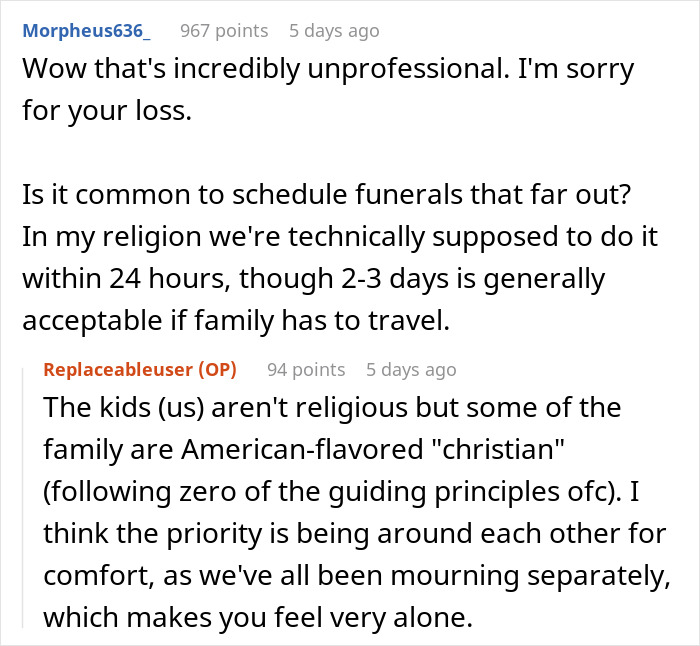 Discussion on scheduling funerals and comforting family while mourning separately